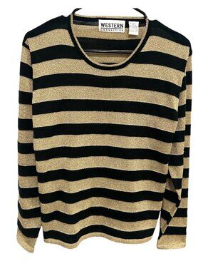 Western Connection Gold Black Metallic Striped Sweater Size M Retro Statement